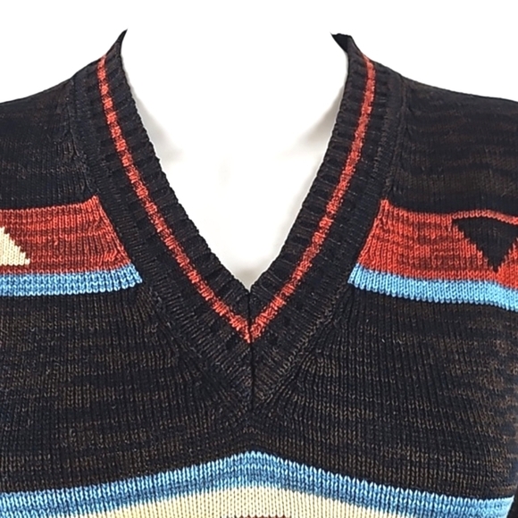 Vintage 70s JCPenny Rust & Brown V Neck Southwest Aztec Knit Pullover Sweater - Picture 3 of 16